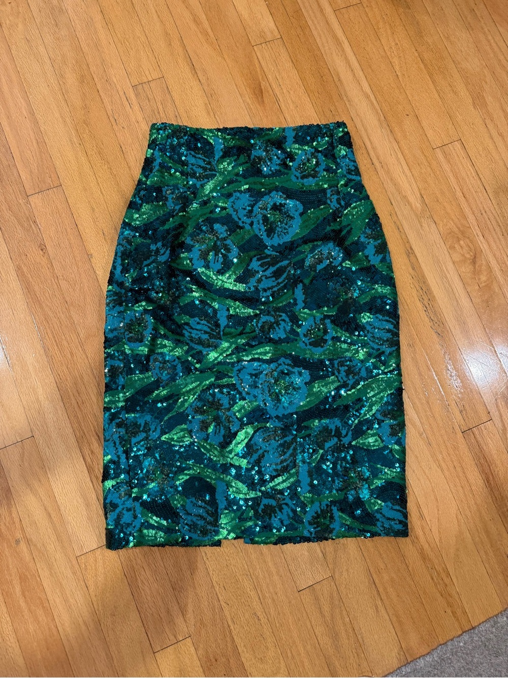Aknvas Green and Teal Sequin Floral Pencil Skirt